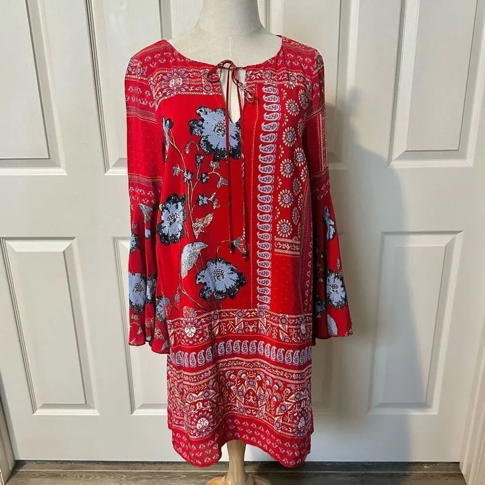 Anthropologie Vanessa Virginia red floral bell sleeved dress
